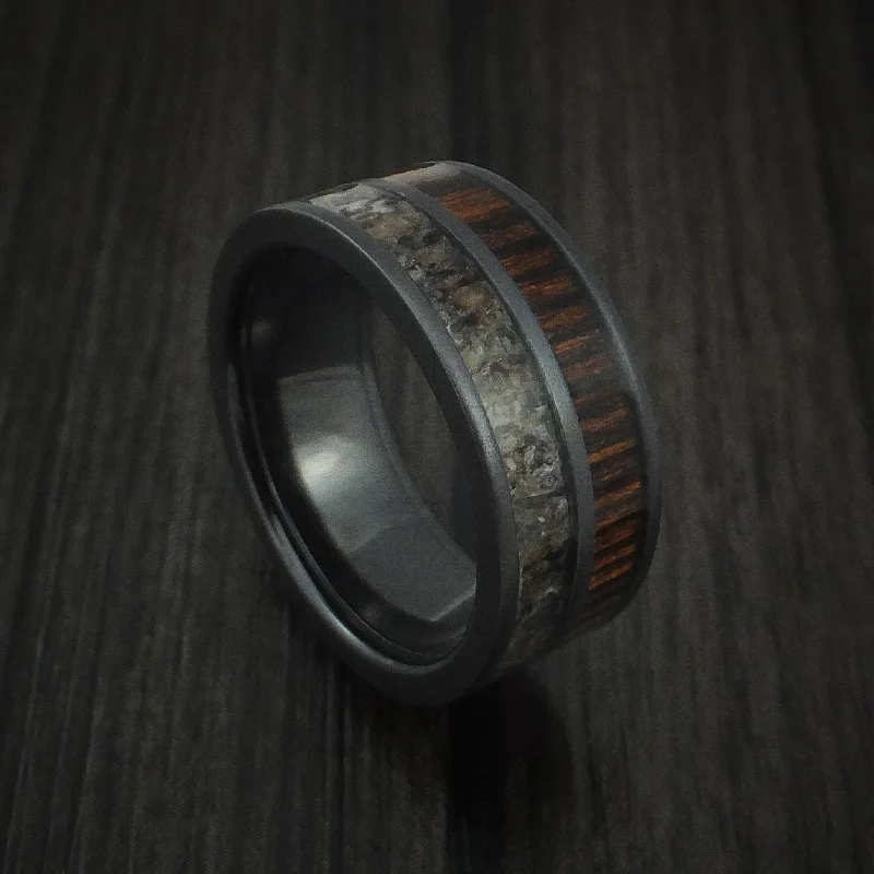 Black Zirconium Men's Ring with Zircote Hardwood and Antler Inlays Custom Made Band