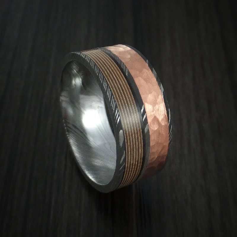 Damascus Steel Men's Ring with Guitar String and Hammered Copper Inlays Custom Made Band