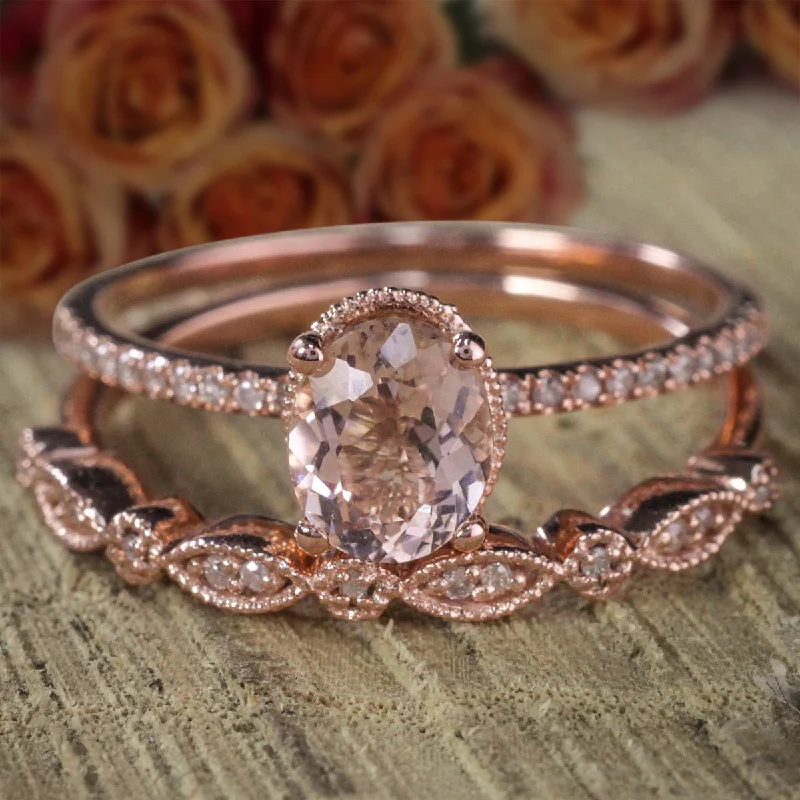 Art Deco 2.00 Carat Oval Cut Morganite And Moissanite Diamond Halo Bridal Wedding Ring Set on Sale