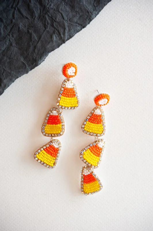 Tight clasp rings-Vivid gem earrings-Candy Corn Dangle | Beaded Halloween Candy Corn Earring