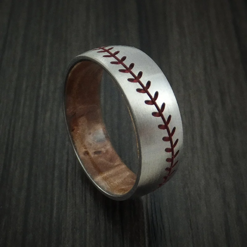 Titanium Baseball Men's Ring with Red Stitching and Wood Sleeve Fan Band