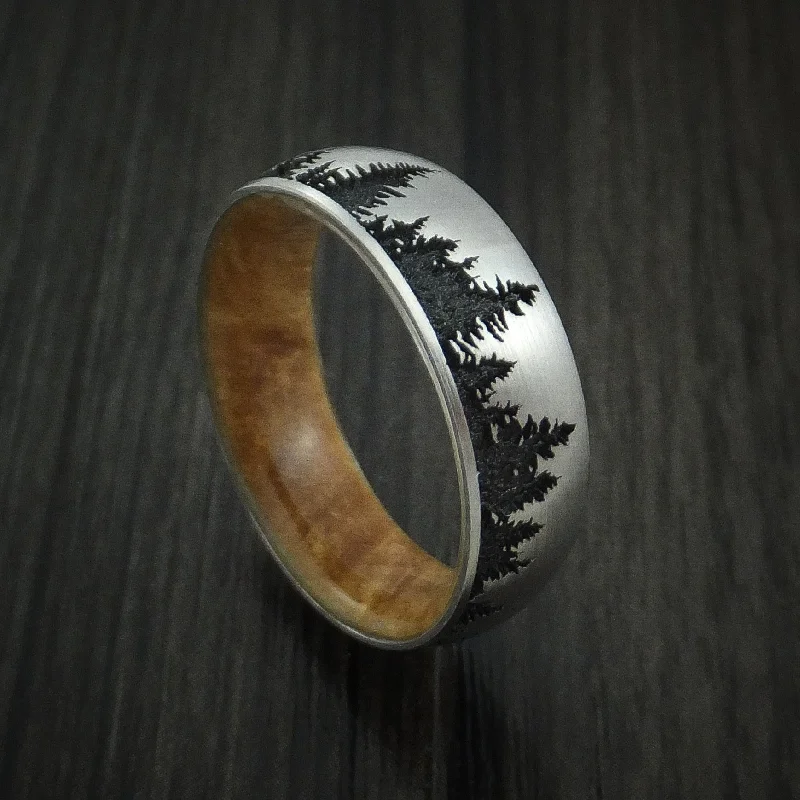 Titanium Men's Ring with Spruce Pine Tree Design and Hardwood Sleeve Custom Made Band