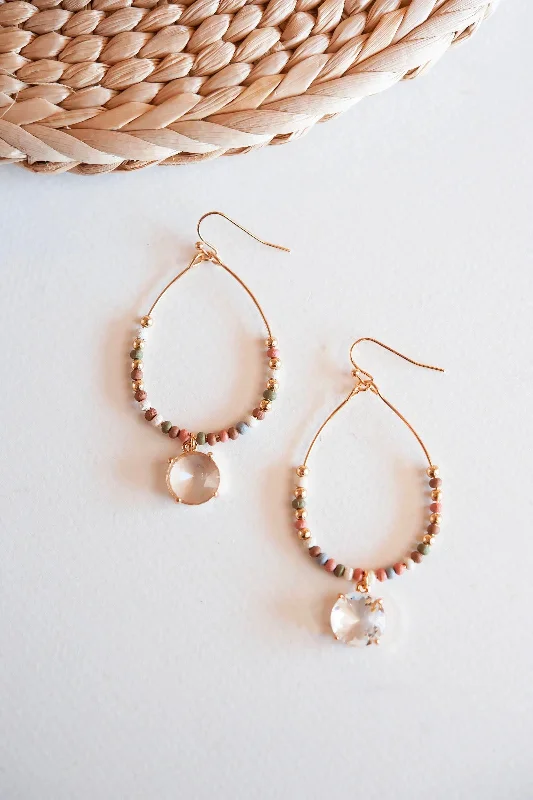 Rose motif earrings-Broad hoop earrings-Laticia Natural and Gold Beaded Teardrop Hoop Earrings