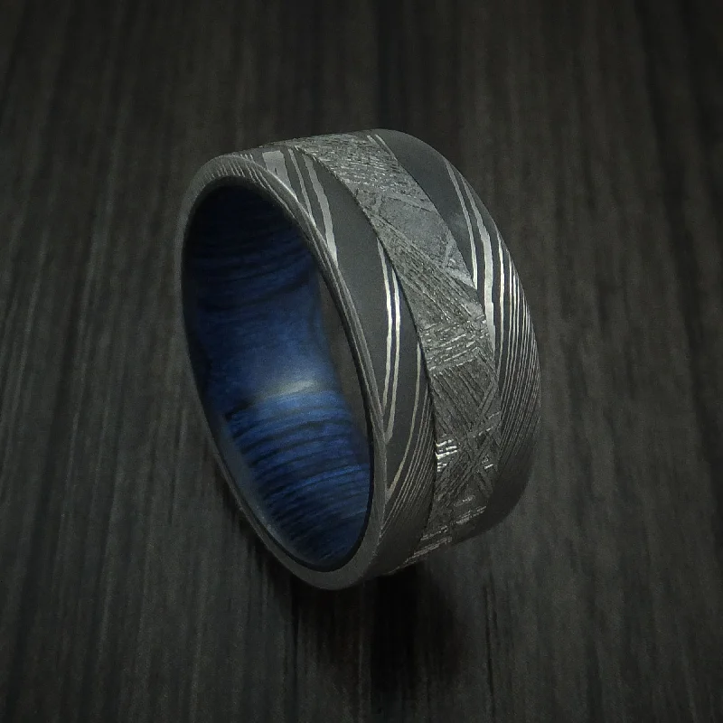 Damascus Steel Men's Ring with Gibeon Meteorite and Hardwood Sleeve Custom Made Band