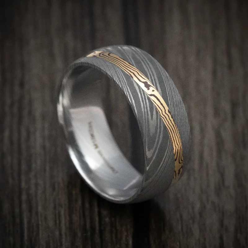 Damascus Steel Men's Ring With Diagonal Mokume Shakudo Inlay Custom Made