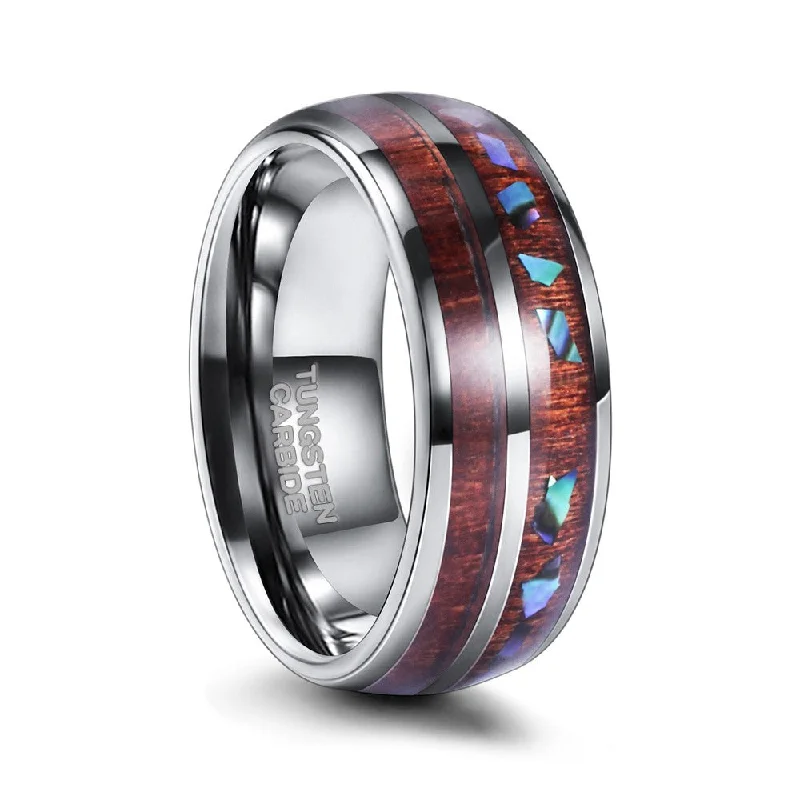 Hawaiian Koa Wood and Crushed Opal Black Tungsten Rings