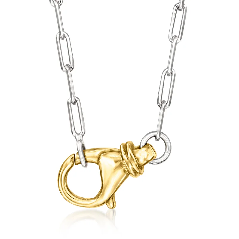 Snap clasp necklaces-RS Pure by Ross-Simons Sterling Silver and 14kt Yellow Gold Paper Clip Link Lobster Clasp Necklace