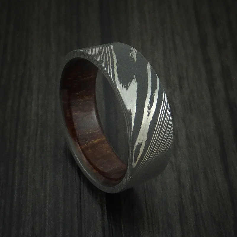 Damascus Steel Men's Ring with Hardwood Interior Sleeve Custom Made