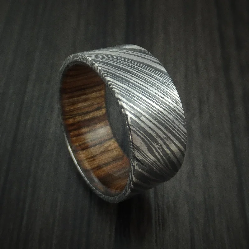 Kuro Damascus Steel Men's Ring with Walnut Wood Hardwood Sleeve Custom Made Wood Band