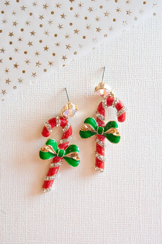 Shiny crystal rings-Heavy ring earrings-Christmas Candy Cane Earrings