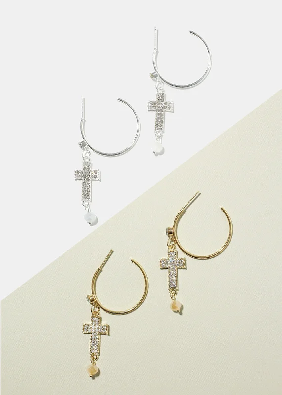 Soft threader earrings-Flat coin earrings-Rhinestone Cross Dangle Earrings