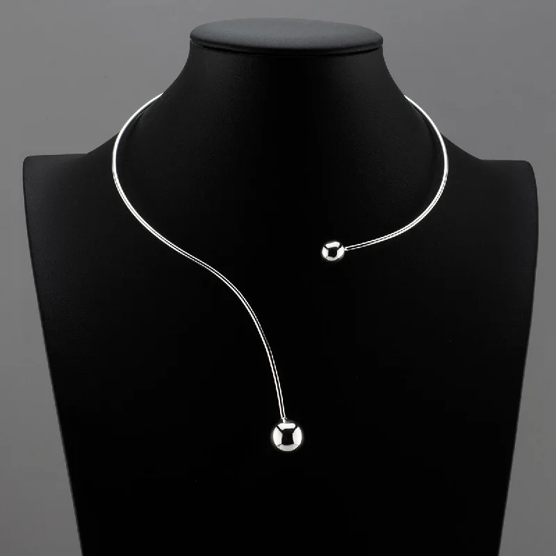 Layered strand necklaces-Sterling Silver Open Front Ball Ends Choker Necklace