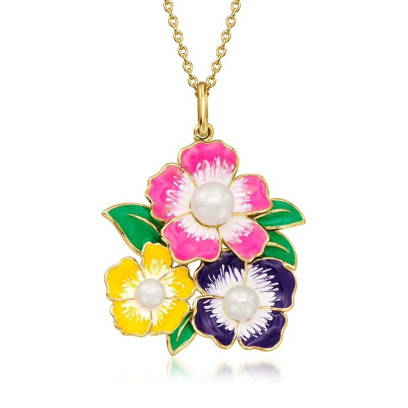 Aged silver necklaces-Ross-Simons 3.5-5.5mm Cultured Pearl and Multicolored Enamel Flower Pendant Necklace in 18kt Gold Over Sterling