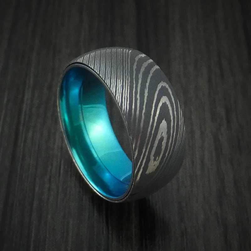 Damascus Steel Men's Ring with Anodized Titanium Interior Sleeve Custom Made