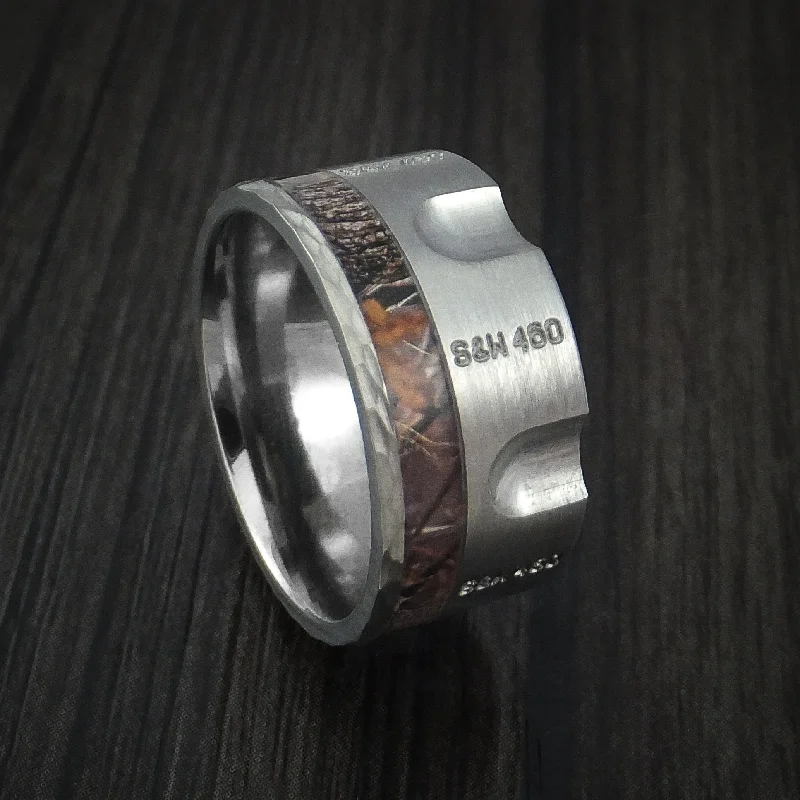 Titanium Revolver Men's Ring with Camo Inlay and Hammered Edge Custom Made Wedding Band