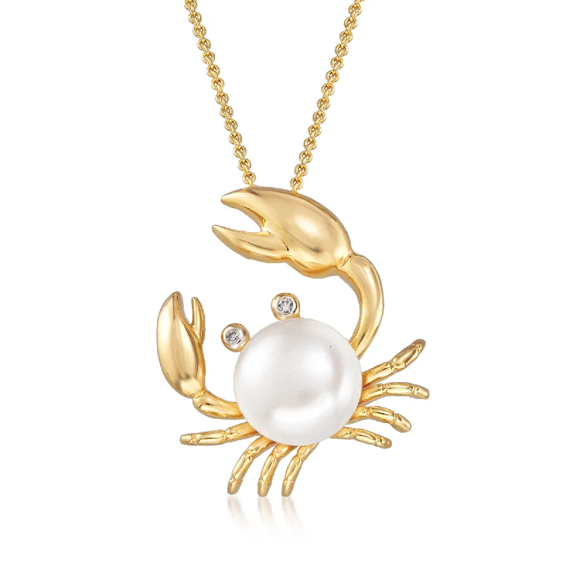 Spirit eye necklaces-Ross-Simons 9mm Cultured Pearl Crab Pendant Necklace With Diamond Accents in 18kt Gold Over Sterling