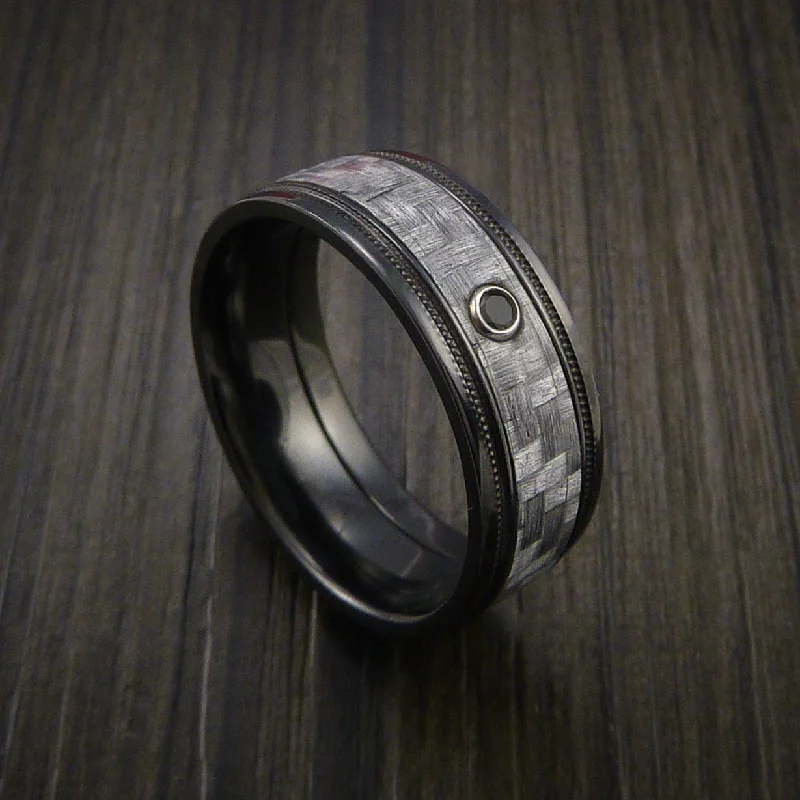 Black Zirconium Men's Ring with a Black Diamond and Carbon Fiber Inlay Custom Made Wedding Band