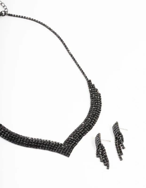 Floating gem necklaces-Black Diamante Point Earrings and Necklace