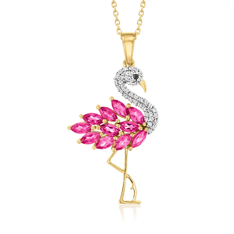 Alloy metal necklaces-Ross-Simons Pink Topaz and . White Zircon Flamingo Pendant Necklace With Black Spinel Accent in 18kt Gold Over Sterling