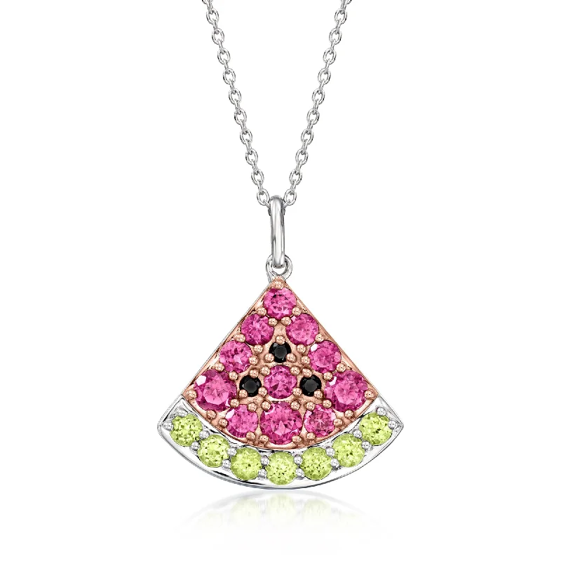 Net choker necklaces-Ross-Simons Multi-Gemstone Watermelon Pendant Necklace in Sterling Silver and 18kt Rose Gold Over Sterling