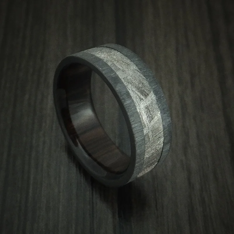 Black Zirconium Men's Ring with Gibeon Meteorite and Hardwood Sleeve Custom Made Band