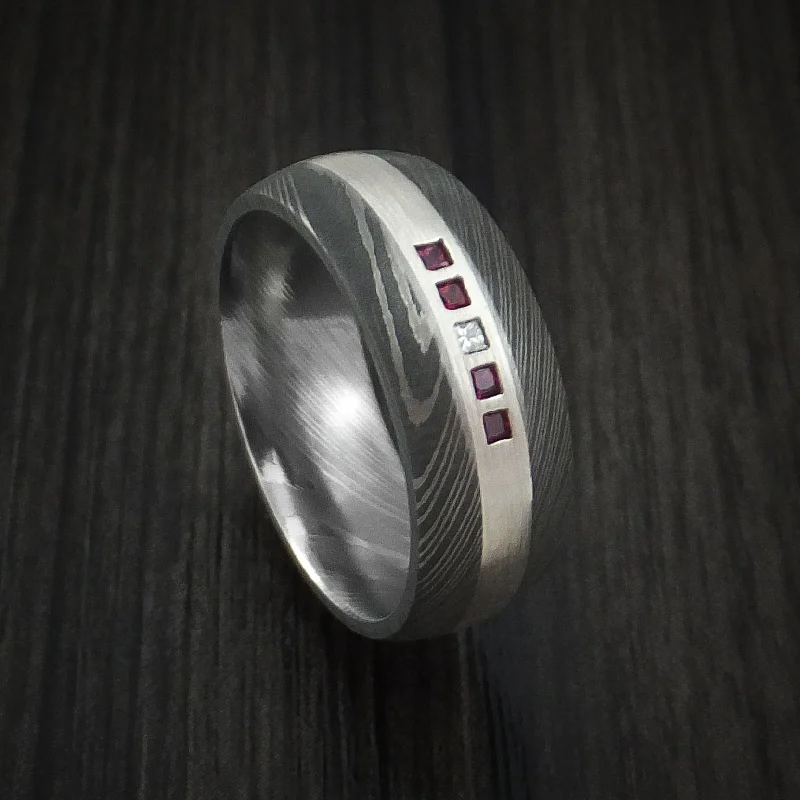 Damascus Steel Band with 4 Rubies and Diamond Set into a Silver Inlay Custom Made Men's Ring