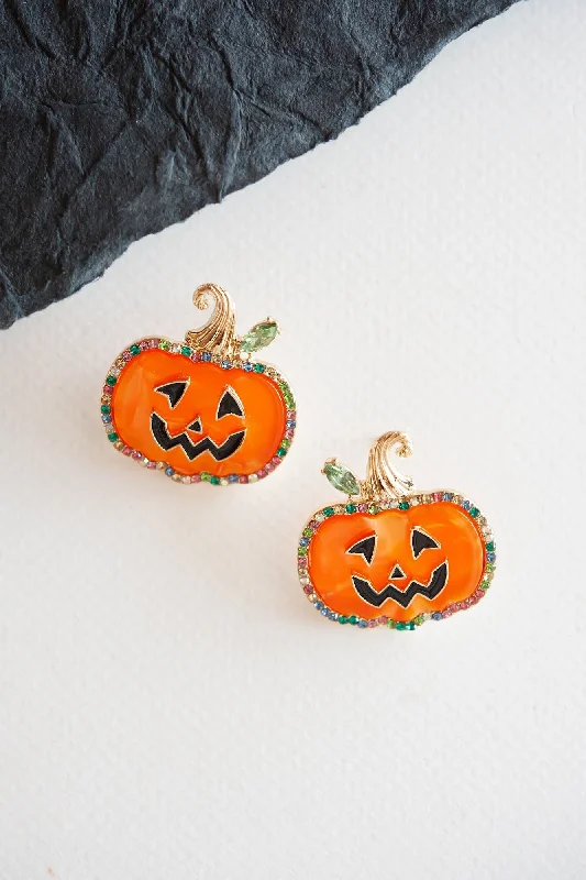 Fox motif rings-Thin rose earrings-Gemstone Jack'O'Lantern Stud | Halloween Pumpkin Resin Earring