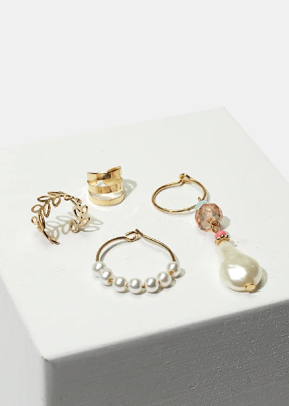 Vivid gem earrings-Heavy hoop earrings-4-Piece Cuff & Pearl-Studded Hoop Earrings