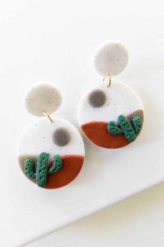 Overhand knot rings-Classic flair earrings-Mojave Clay Cactus Earrings | White and Rust Circle Clay Drop Earrings | Desert Scene Handmade Earrings | Southwest Style Accessories | Road Trip Earrings