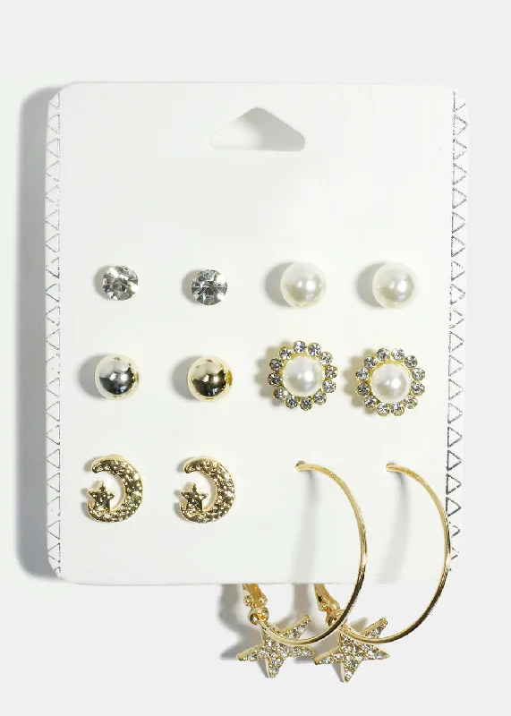 Clustered gem rings-Polished art earrings-6-Pair Stud & Star Hoop Earrings