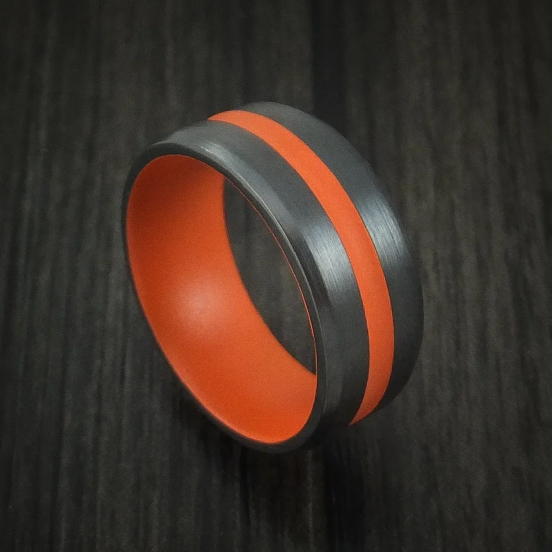 Black Zirconium Men's Ring with Hunter Orange Cerakote Groove and Sleeve Custom Made Band