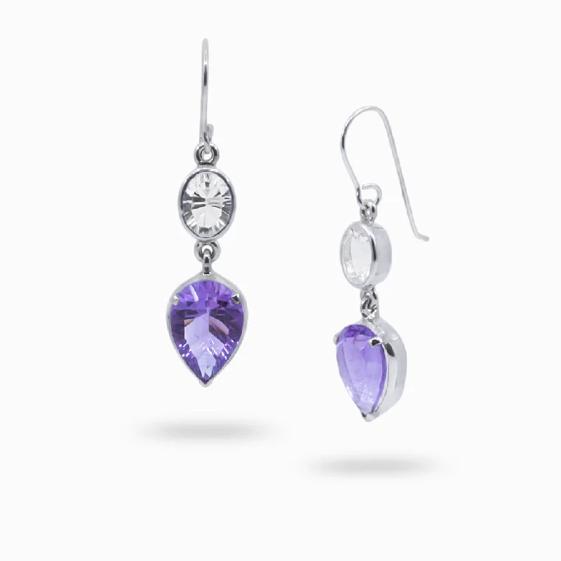 Playful rings-Bead weave earrings-Amethyst and Clear Quartz Drop Earrings