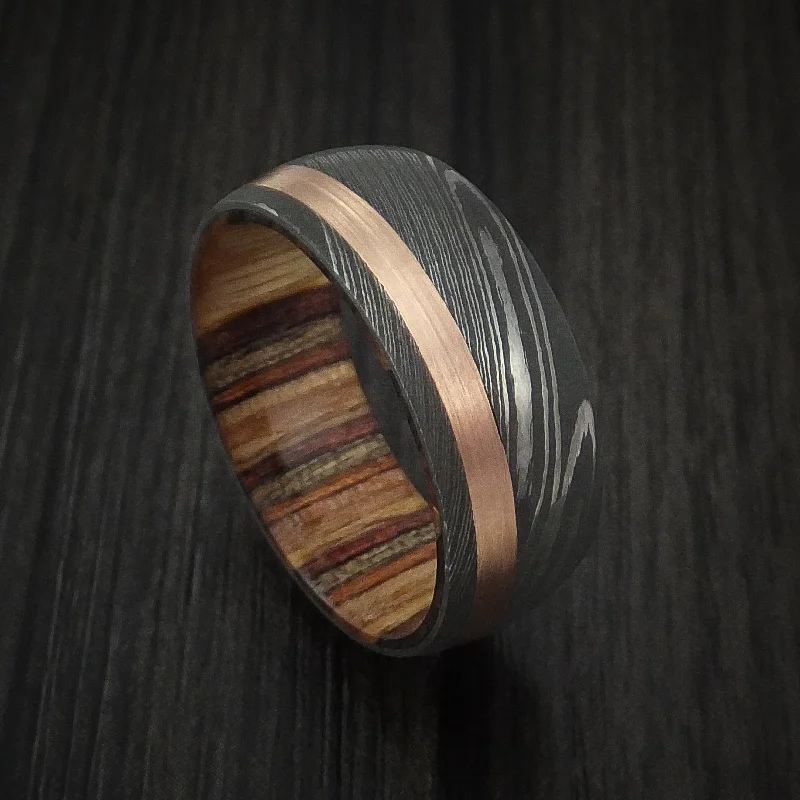 Damascus Steel and 14k Rose Gold Men's Ring with Hardwood Sleeve Custom Made Band