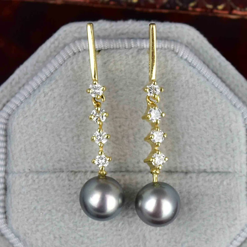 Glossy shine rings-Emerald stone earrings-Fine 14K Gold Diamond Gray Pearl Dangle Earrings