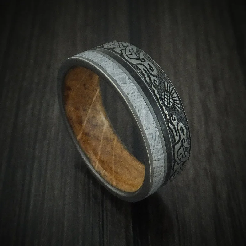 Titanium Dragon Celtic Men's Ring with Meteorite and Dinosaur Bone along with a Hardwood Sleeve