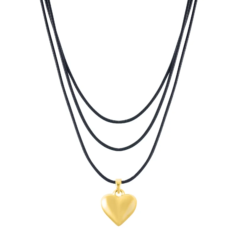 Vivid gem necklaces-14k Gold Plated Adjustable Puffy Heart with Black Chord Bolo Necklace