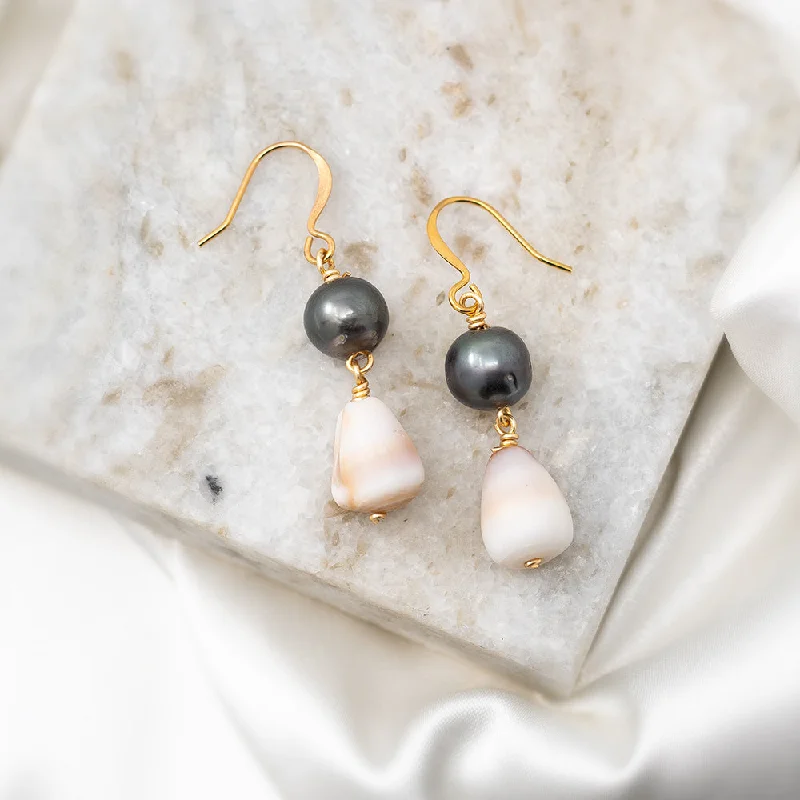 Cedar wood earrings-Solid bar earrings-Tahitian Pearl and Cone Shell Earrings