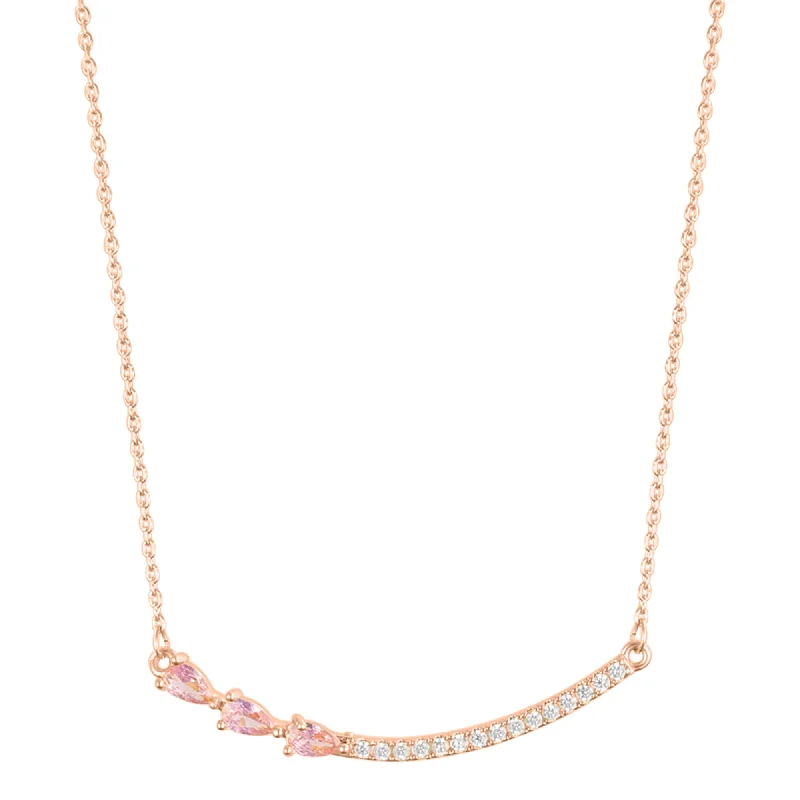 Bold art necklaces-14k Rose Gold Plated Curved Bar Pink Pear Necklace