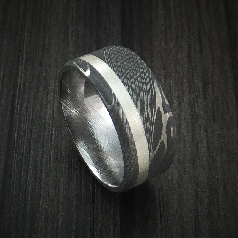 Damascus Steel and Silver Inlay Men's Ring Custom Made Band