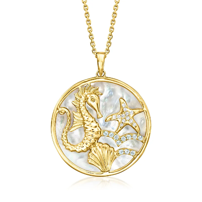 Cosmic charm necklaces-Ross-Simons Mother-Of-Pearl Seahorse Medallion Pendant Necklace With . Sky Blue Topaz and Diamond Accents in 18kt Gold Over Sterling