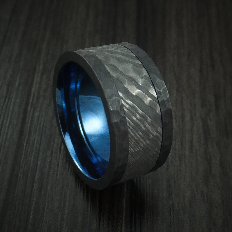 Black Zirconium and Damascus Steel Hammered Men's Ring with Anodized Sleeve Custom Made