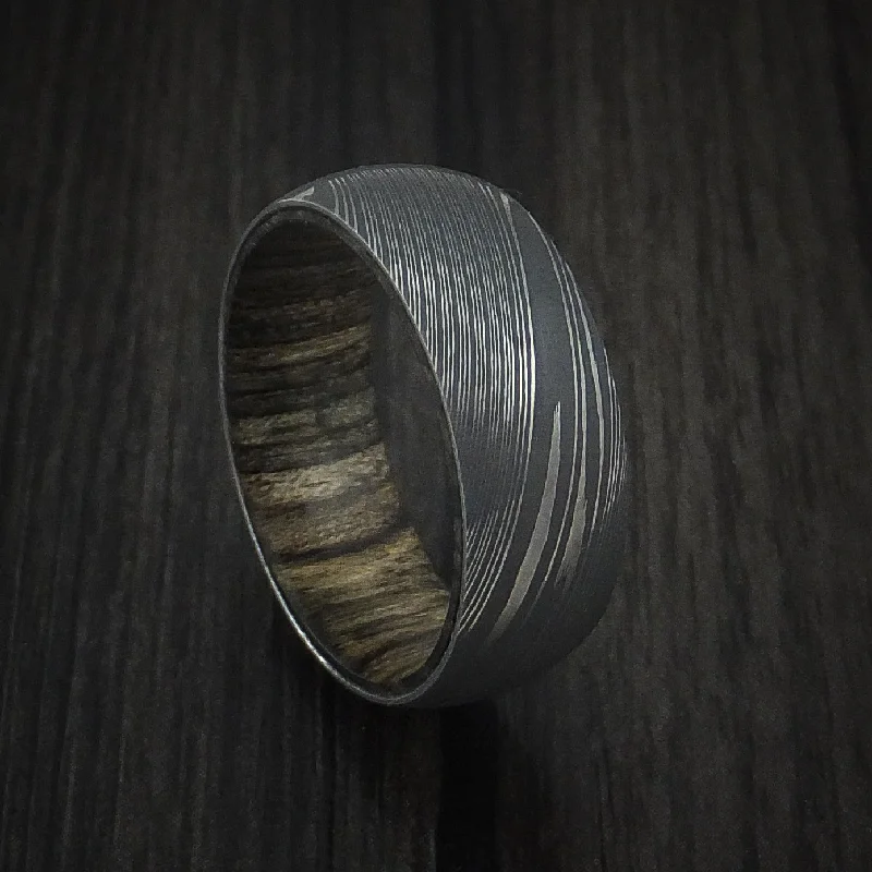 Damascus Steel Men's Ring with Hardwood Sleeve Custom Made