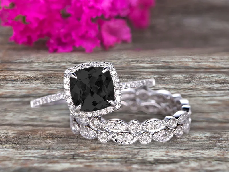 Milgrain Halo Art Deco 2 Carat Cushion Cut Black Diamond Moissanite Wedding Ring Set On 10k White Gold With Two Matching Band Anniversary Ring