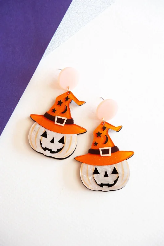 Sea motif earrings-Retro style earrings-Hocus Pocus Pumpkin Earrings | Wizard Hat Jack o' Lantern Earrings | Halloween Witch Hat Earrings