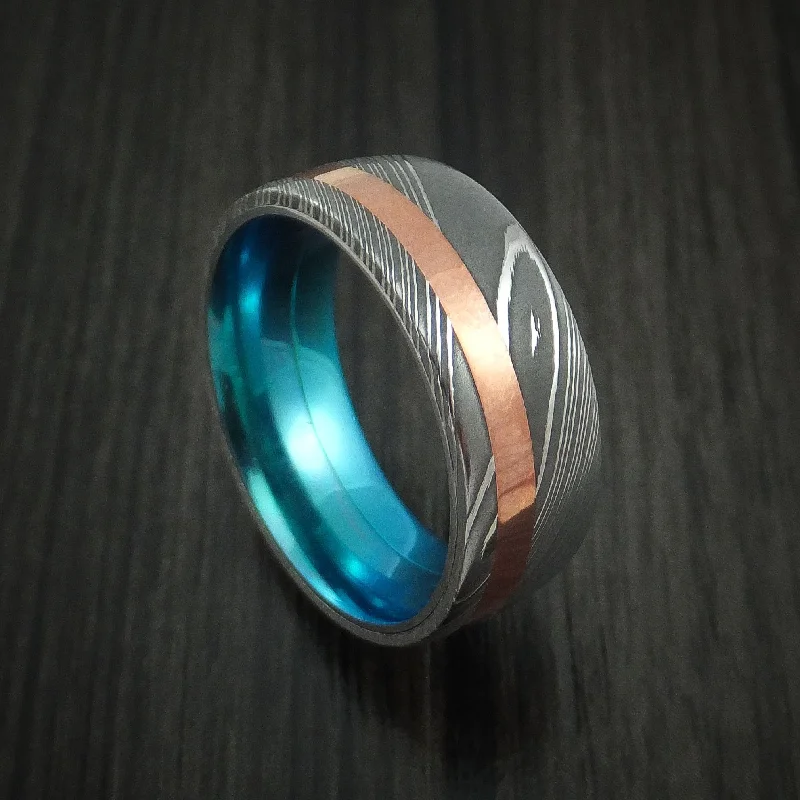 Damascus Steel Men's Ring with Copper Inlay and Anodized Titanium Interior Sleeve Custom Made Band