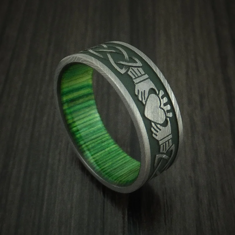 Damascus Steel Celtic Irish Claddagh Cerakote Men's Ring with Hardwood Sleeve Custom Made