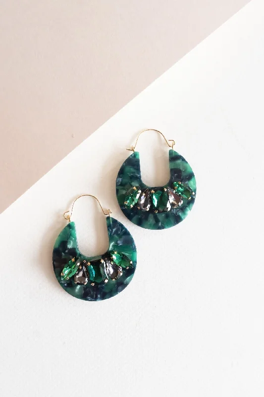 Antique clip earrings-Zodiac themed earrings-Allie Emerald Hoop | Gem Accented Lucite Earring