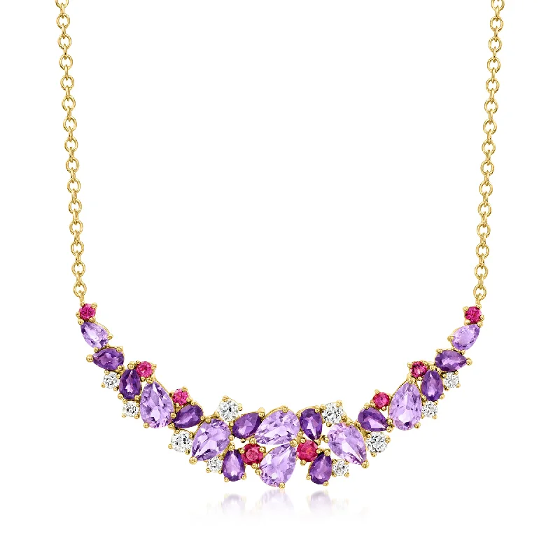 Yarn fringe necklaces-Ross-Simons Amethyst, Rhodolite Garnet and White Topaz Collar Necklace in 18kt Gold Over Sterling