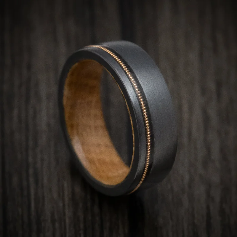 Black Titanium Guitar String Men's Ring With Whiskey Barrel Hardwood Sleeve Custom Made Band