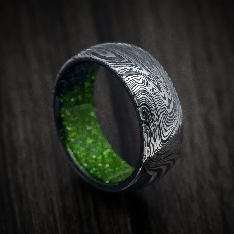 Marble Kuro Damascus Steel and DiamondCast Sleeve Men's Ring Custom Made